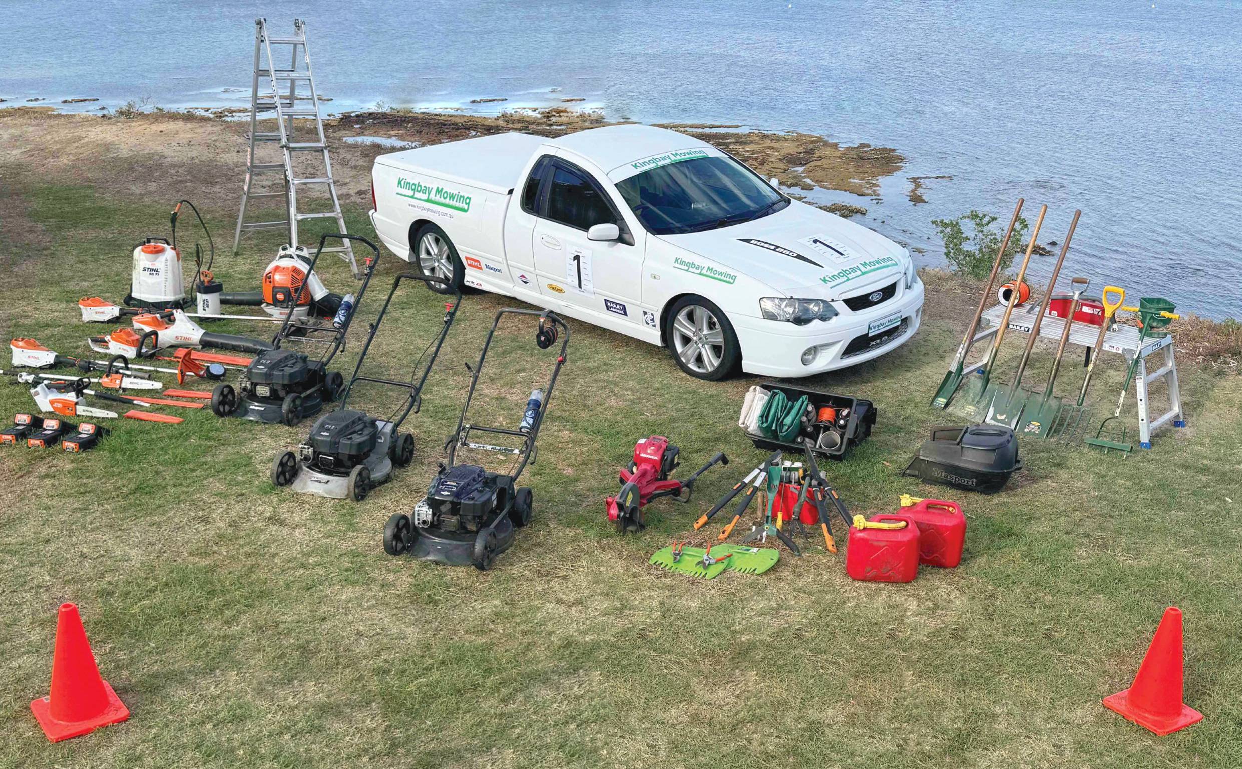 King Bay Mowing professional equipment and van at bayside location