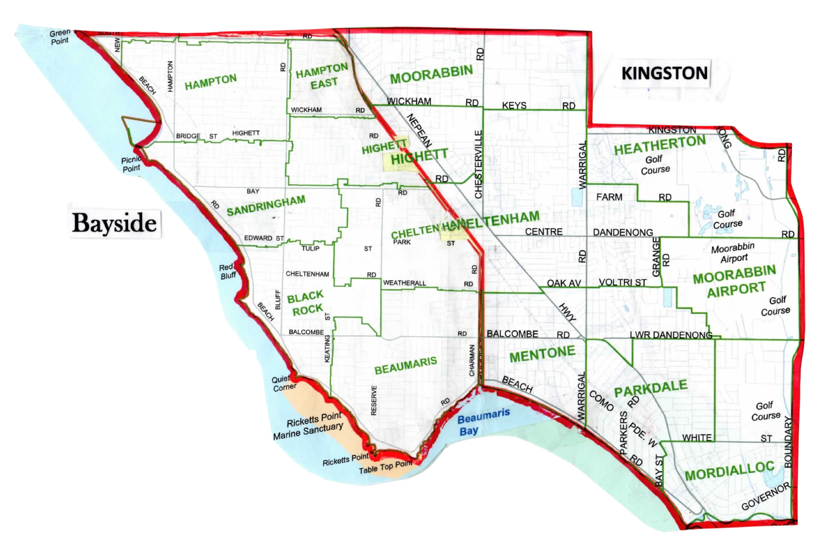 King Bay Mowing Service Area Map showing coverage in Kingston and Bayside council areas, Melbourne, Victoria